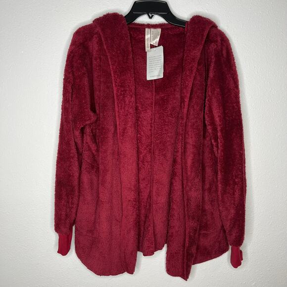 New Forgotten Grace Wine Red Faux Shearling Hooded Front Cardigan Women's Size M - Picture 3 of 6